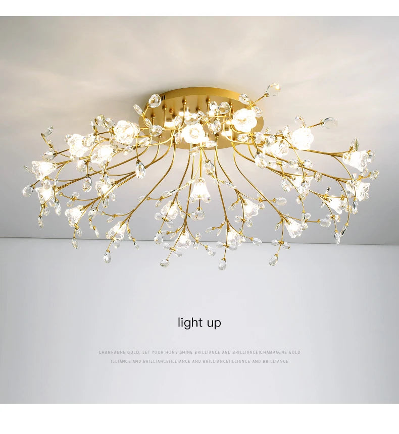 Luxury Crystal Flower Ceiling Light Gold LED Branch Tree Chandelier For Living Room Bedroom Villa Hotel Decor Bedside Wall Lamp