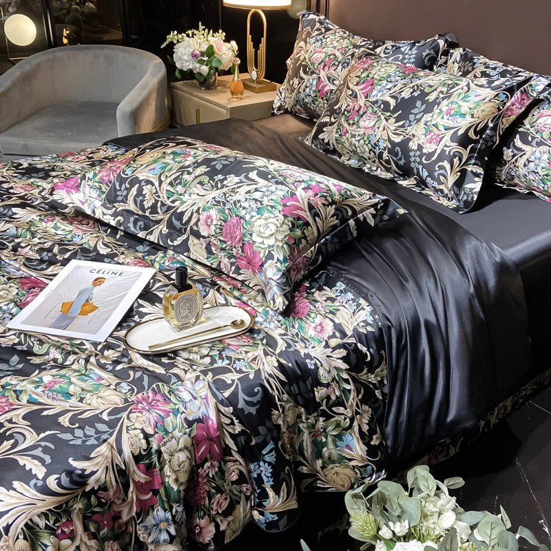 Floral Silk Bedding Set with Duvet Cover Bed Sheet Pillowcase Luxury Couple Single Double King Queen Soft Bedsheet Nordic Smooth