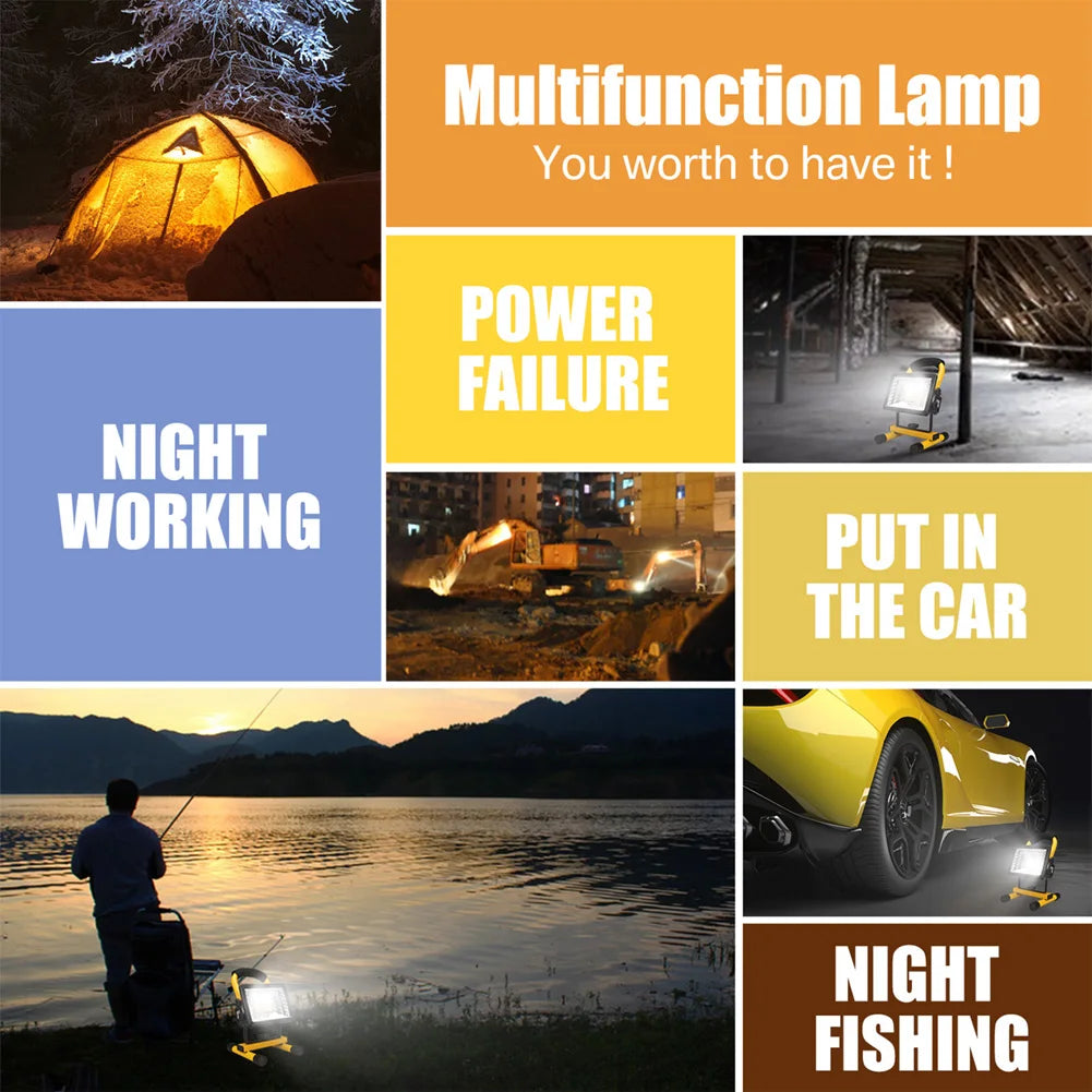 LED Portable Work Light Waterproof Rechargeable Spotlight for Outdoor Hiking Camping Searchlight Garage Emergency Floodlight