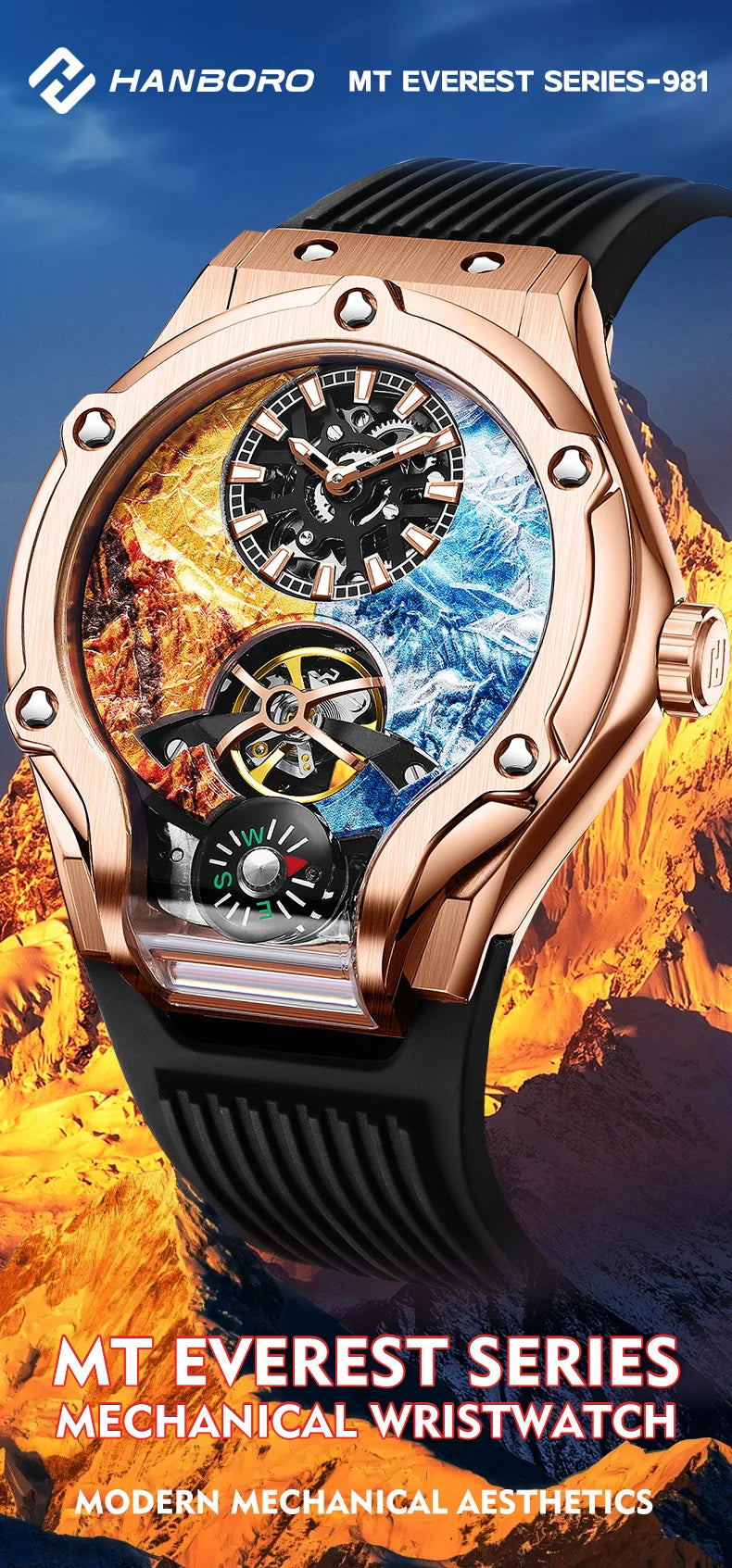 HANBORO Zhuma Mountain Peak Series Men's Fully Automatic Mechanical Watch Hollow Personalized Watch