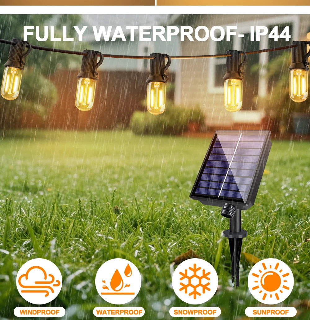 Solar String Light Outdoor Waterproof T22 Bulbs LED Solar Powered Patio Lights for Outside Porch Backyard Bistro Garden Market