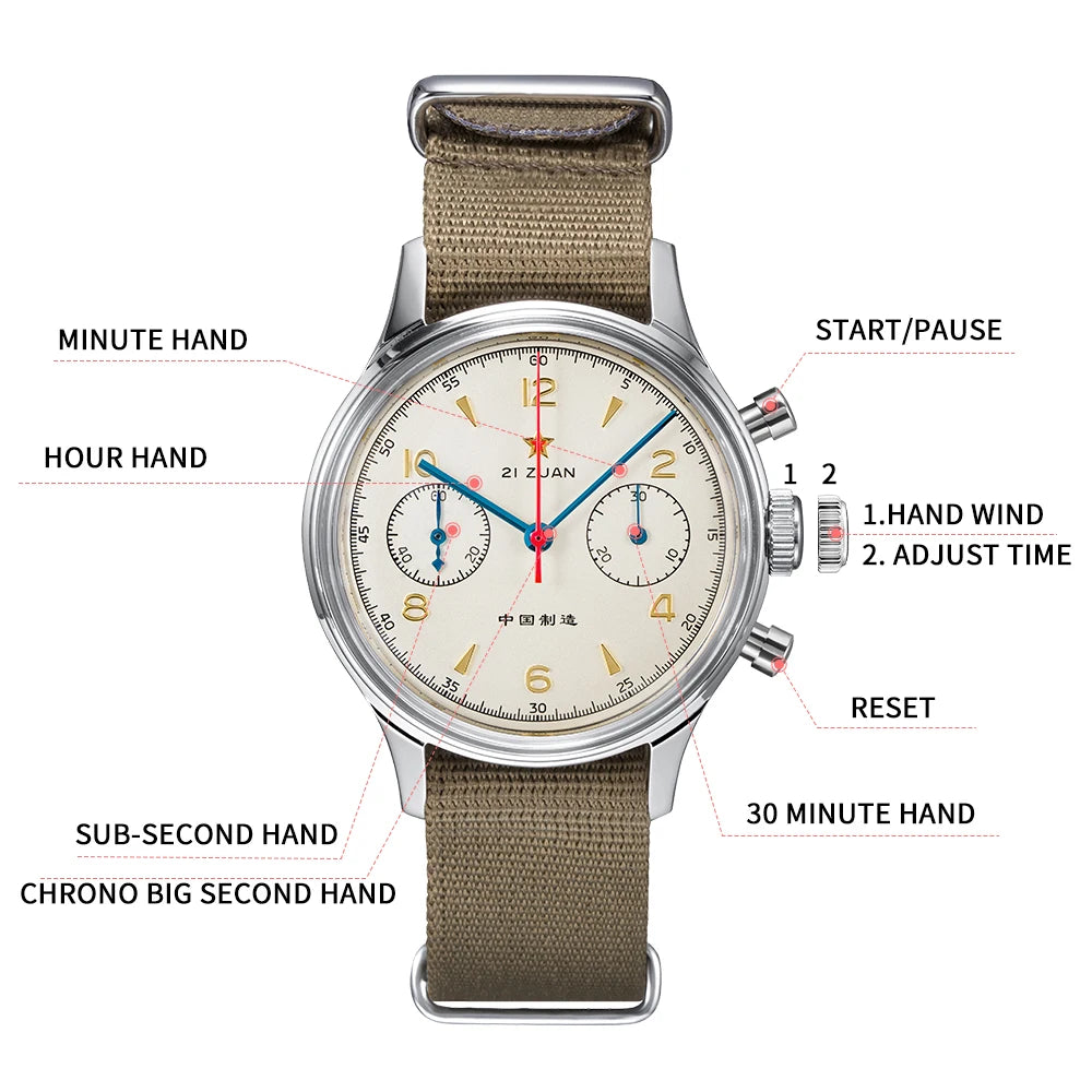 RED-STAR 38mm Men's 1963 Chronograph Mechanical Watch Pilot with Seagull Movement ST1901 Air Force Aviation Sapphire Goose 40mm