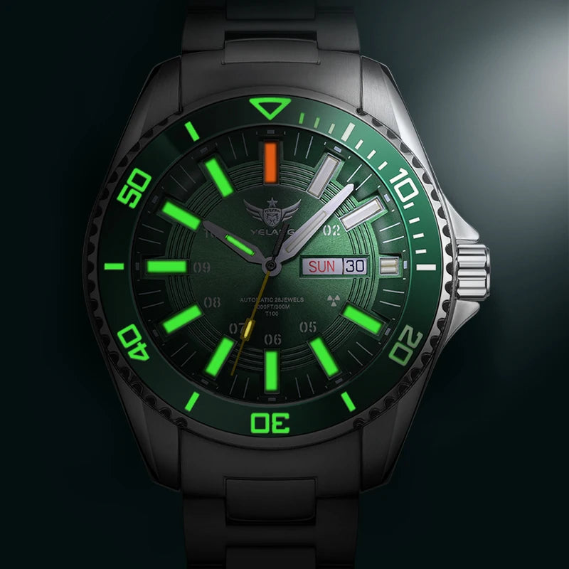 YELANG Automatic Mens Green Water Ghost Watches H3 T100 Self Luminous Wristwatch Waterproof 300m Turning Ceramic Bezel V1032