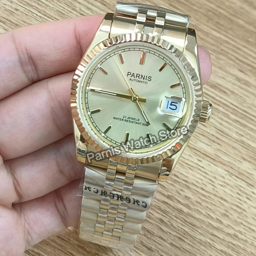 Parnis 36mm Gold Color Luminous Mark Automatic Men's Wristwatch 5 ATM Stainless Steel Jubilee Bracelet