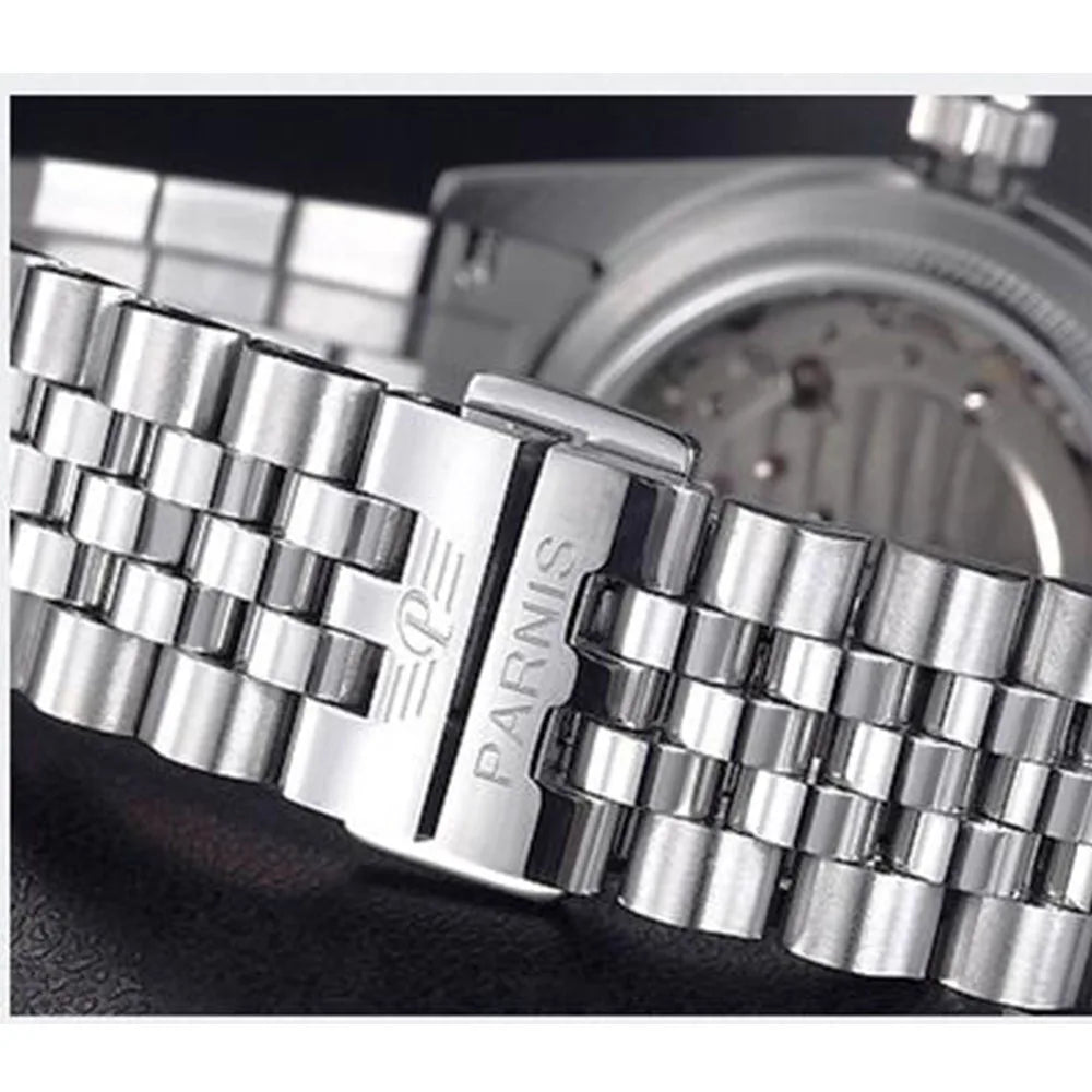 Parnis 36mm Gold Color Luminous Mark Automatic Men's Wristwatch 5 ATM Stainless Steel Jubilee Bracelet