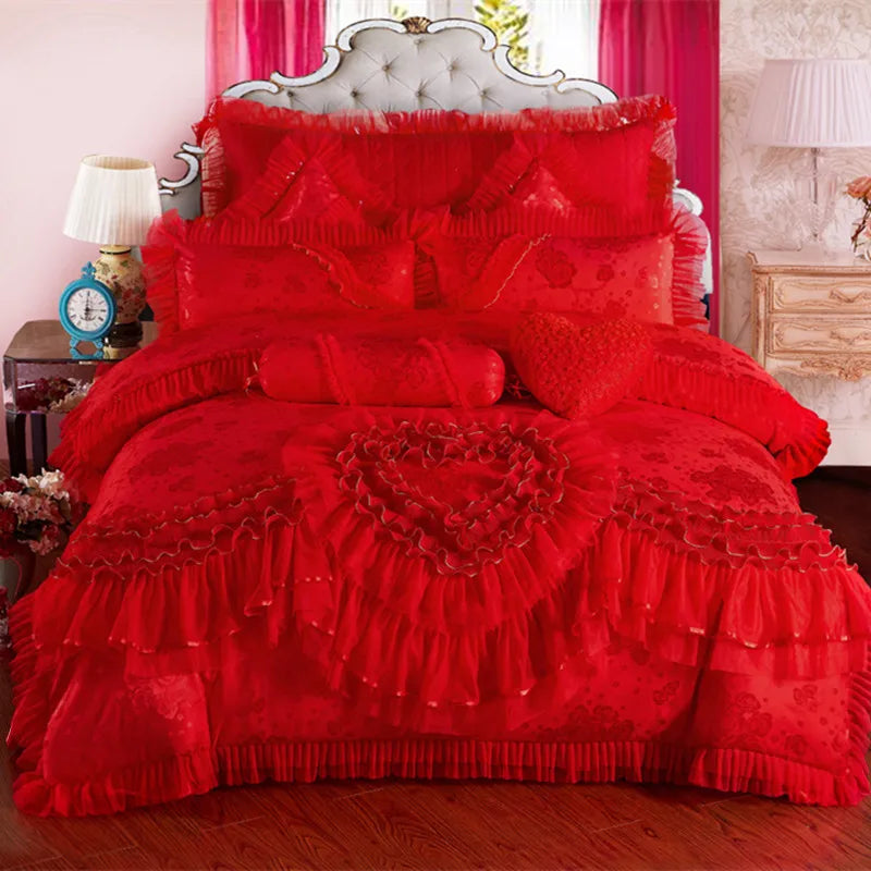 Luxury Wedding Bedding Sets Queen King Size Pink Princess Lace Bedcover Set Jacquard Duvet Cover Bed Sheet Pillowcases