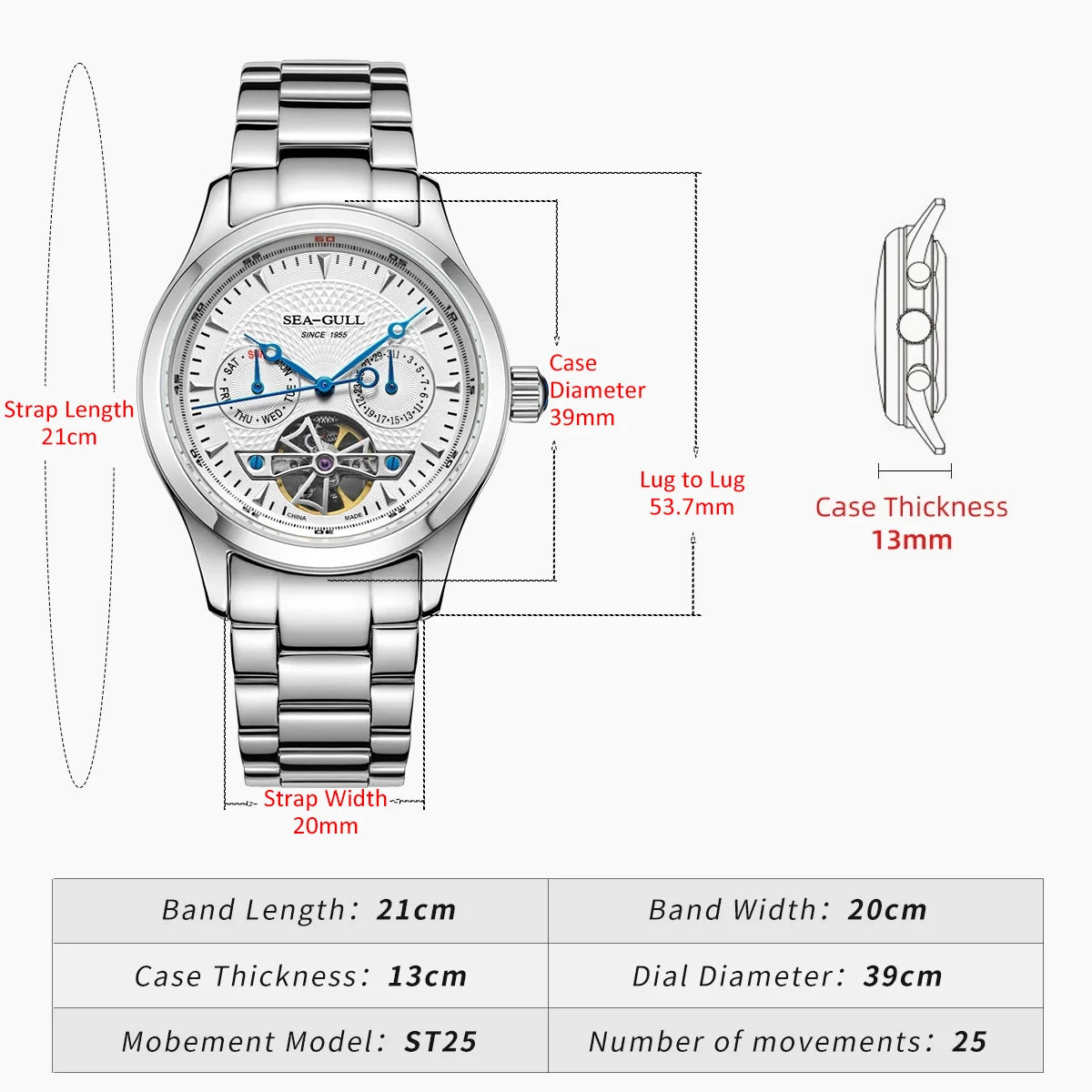 2025 Seagull Men's Automatic Mechanical Watch Multifunction Dial Calendar Sapphire Steel Band Men's Wristwatch reloj hombre M162