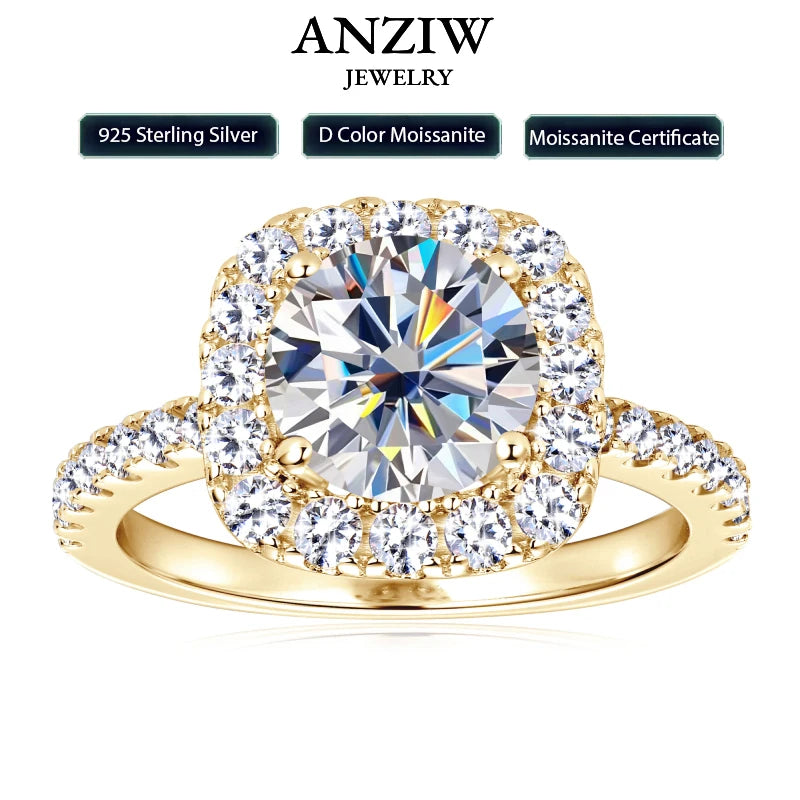 Anziw Real 2CT 8mm Round Moissanite Square Ring 925 Sterling Silver Luxury Brilliant Diamond Wedding Finger Rings Band For Women