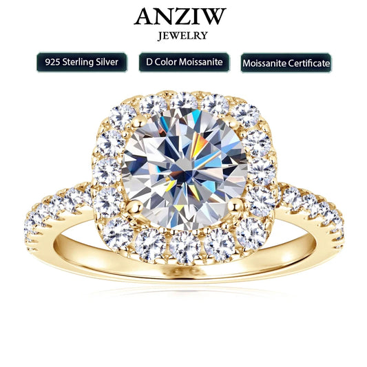 Anziw Real 2CT 8mm Round Moissanite Square Ring 925 Sterling Silver Luxury Brilliant Diamond Wedding Finger Rings Band For Women