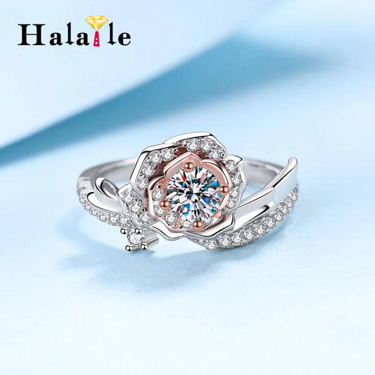 Halaile D Color Moissanite S925 Sterling Silver Rose Flower Ring Luxury Fine Jewelry Women Sparkly Bridal Wedding Gift