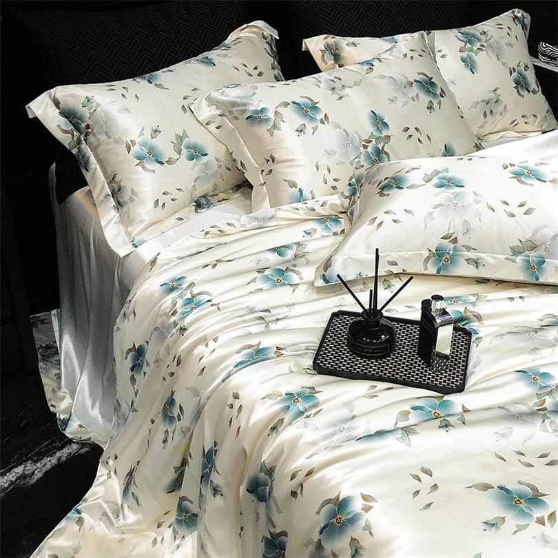 Floral Silk Bedding Set with Duvet Cover Bed Sheet Pillowcase Luxury Couple Single Double King Queen Soft Bedsheet Nordic Smooth