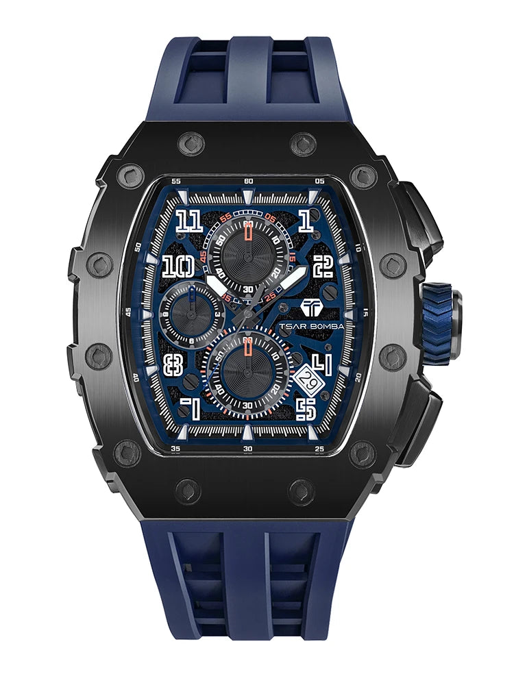 TSAR BOMBA Tonneau Mens Watches Sapphire Crystal Red Wristwatch Waterproof Chronograph Date Clock Luxury Christmas Gift for Men