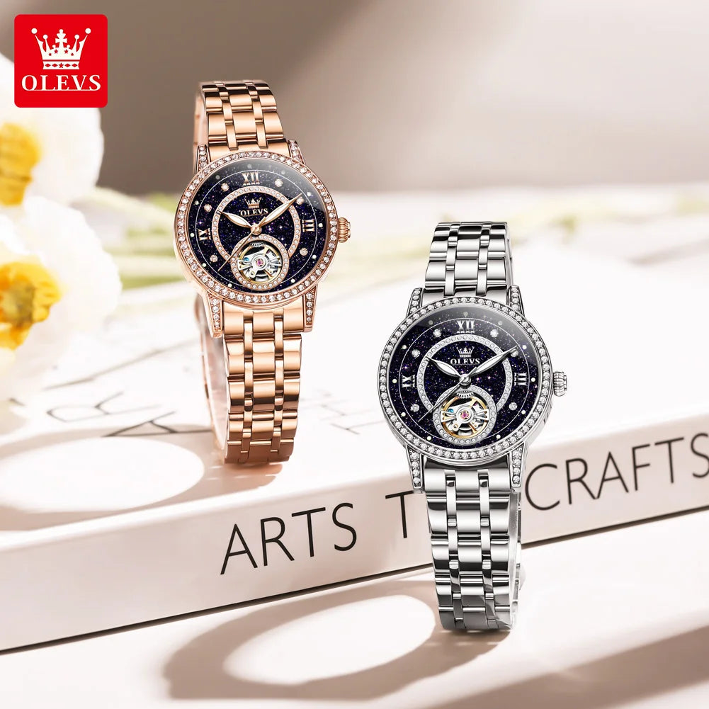 Montre femme tourbillon à strass et ciel étoilé, marque de luxe, couleur or rose, automatique, mécanique.