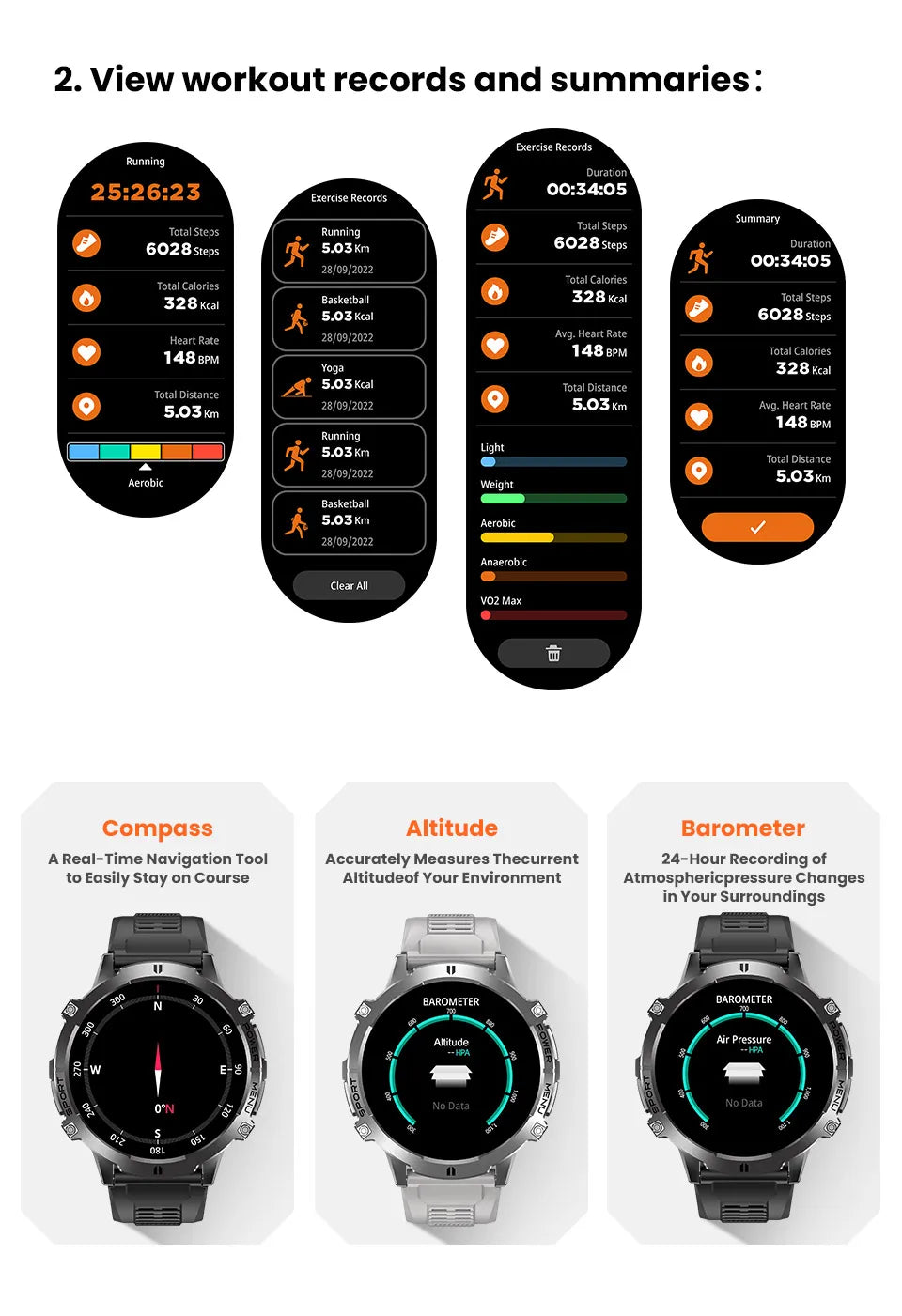 New Outdoor 1000mAh Battery Men Adult Smart Watch GPS Compass Altimeter 10ATM Waterproof Heart Rate BT Call Sport Man Smartwatch