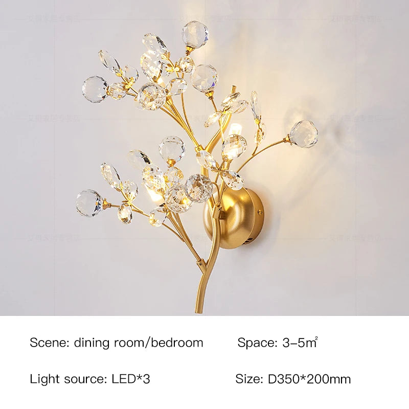 Luxury Crystal Flower Ceiling Light Gold LED Branch Tree Chandelier For Living Room Bedroom Villa Hotel Decor Bedside Wall Lamp