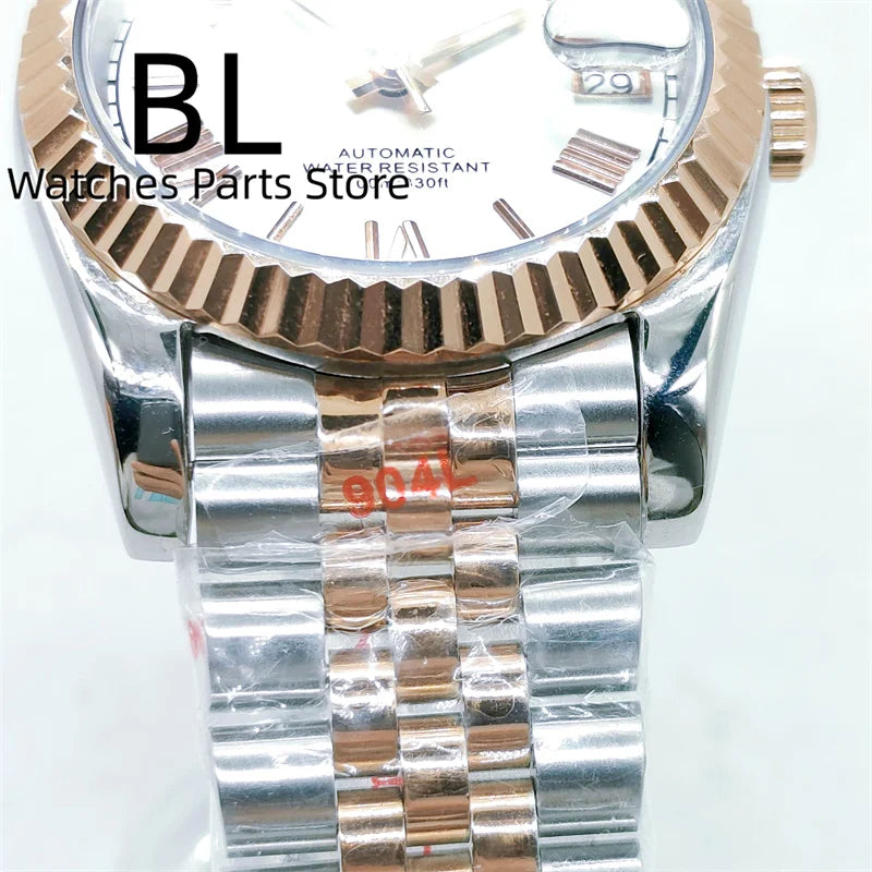 BLIGER 36mm39mm Two-tone Rose Gold Black Dial Watch For Men Date Fluted Bezel Sapphire Glass Rose Roman Index Jubille Bracelet