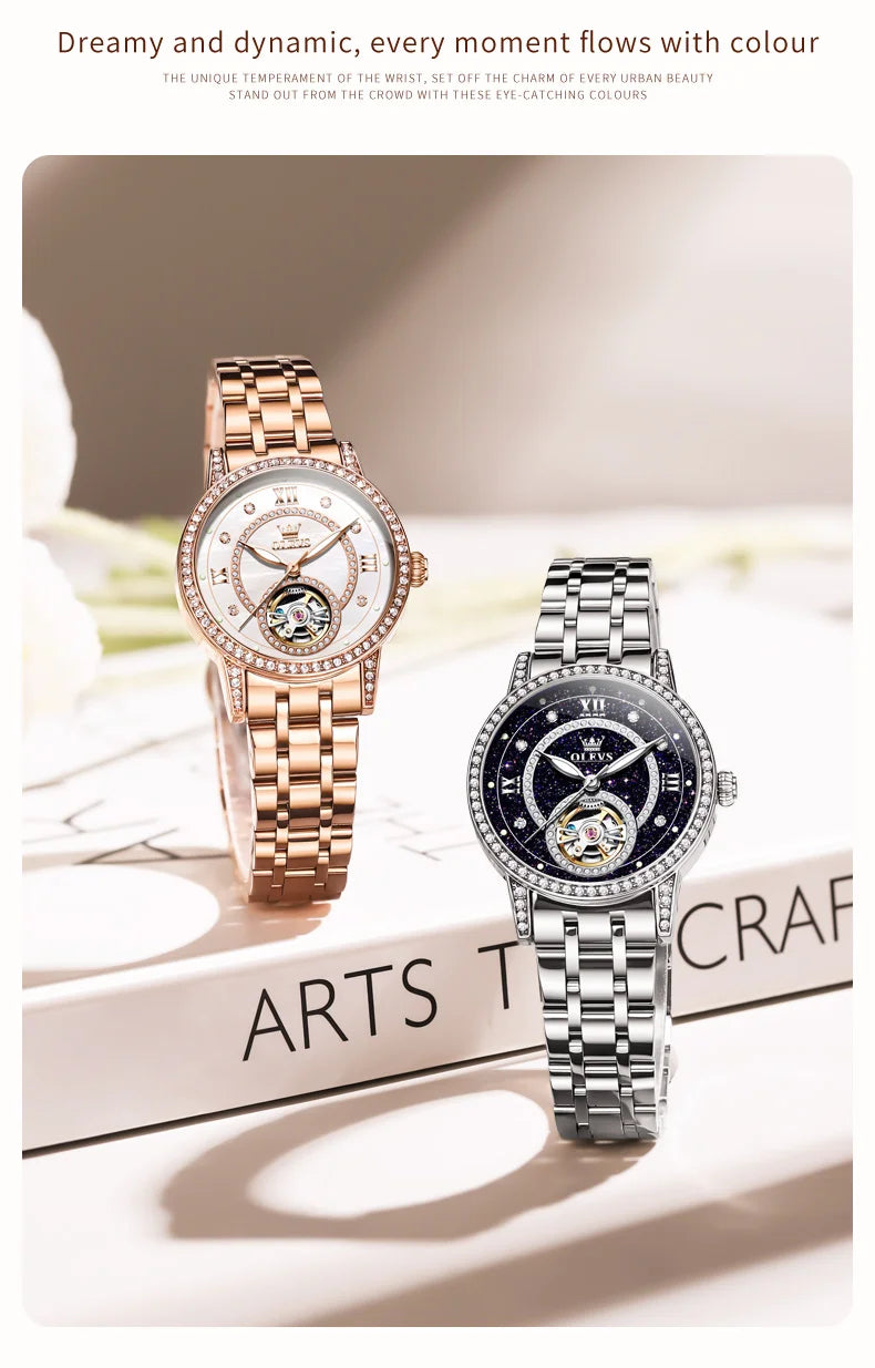 Montre femme tourbillon à strass et ciel étoilé, marque de luxe, couleur or rose, automatique, mécanique.