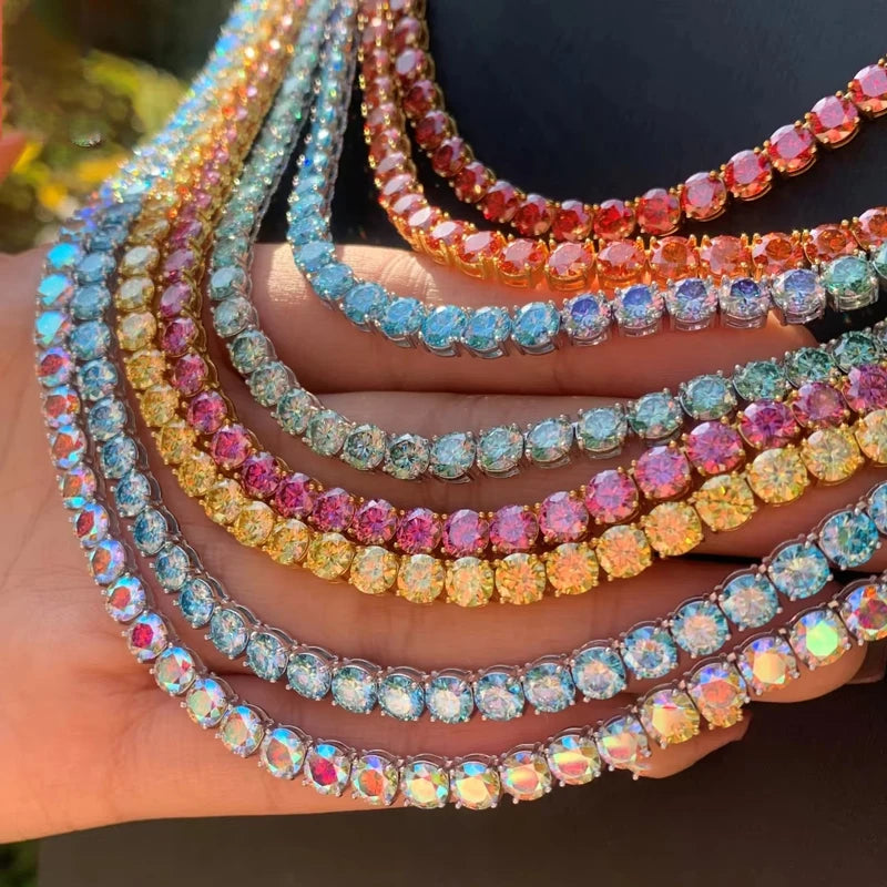 3MM Pink Full Moissanite Tennis HipHop Blue Green Yellow Purple Bracelet S925 Sliver Plated White Gold Bracelet for Women Men