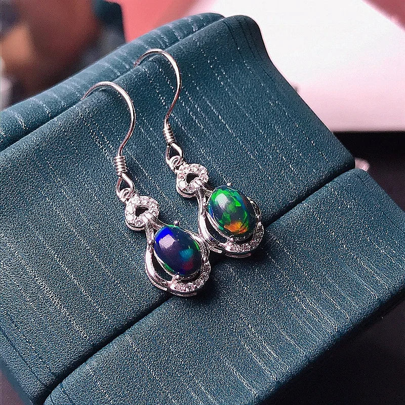 MeiBaPJ 5*7 Natural Black Opal Gemstone England Ear Drop Earrings for Women Real 925 Sterling Silver Charm Fine Wedding Jewelry