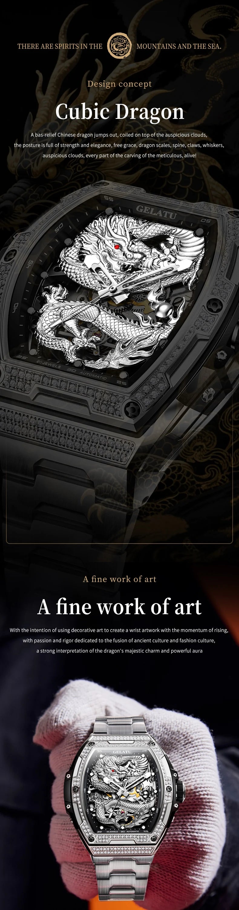 GELATU 6021 Men's Watch Fashion Automatic Mechanical Watch For Men Hollow Waterproof Luminous Dragon Dial Luxury Man Wristwatch