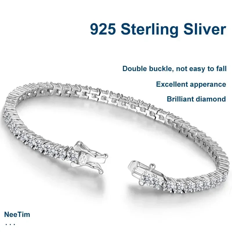 NeeTim 3mm 4mm Moissanite Tennis Bracelets 925 Sterling Silver Full Diamond with Gold Plated Bracelet Fine Jewelry for Women Men
