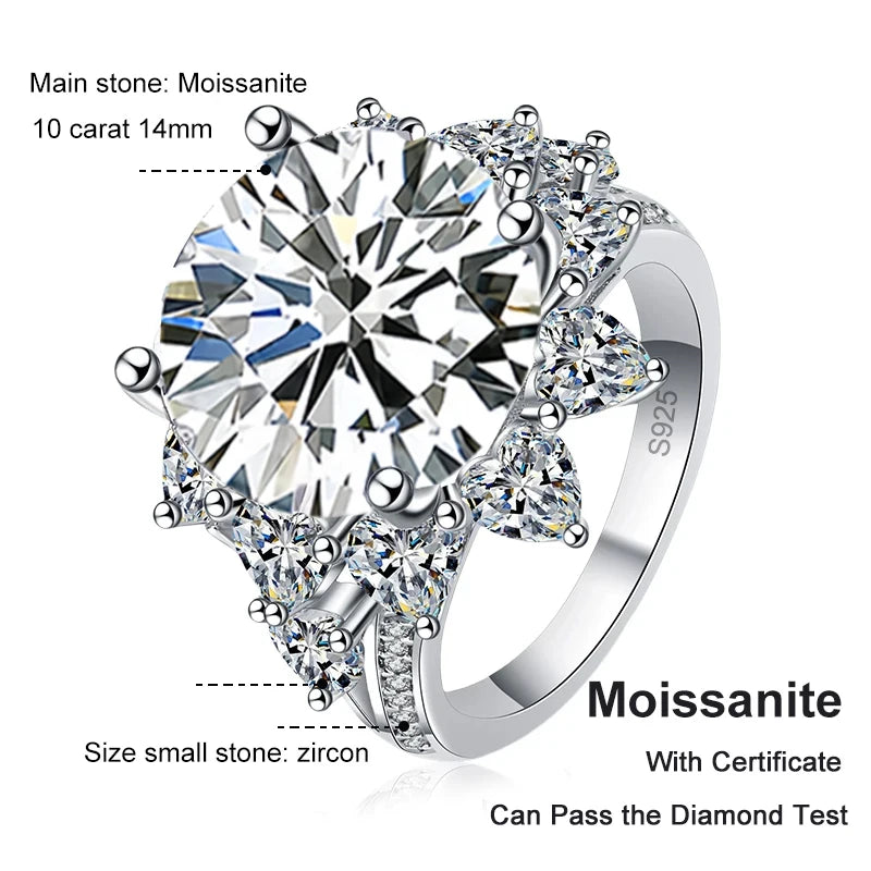 Tezzc 10 Carat Moissanite Ring For Women Oversized Diamond With Certificate 925 Sterling Silver Engagement Wedding Jewelry