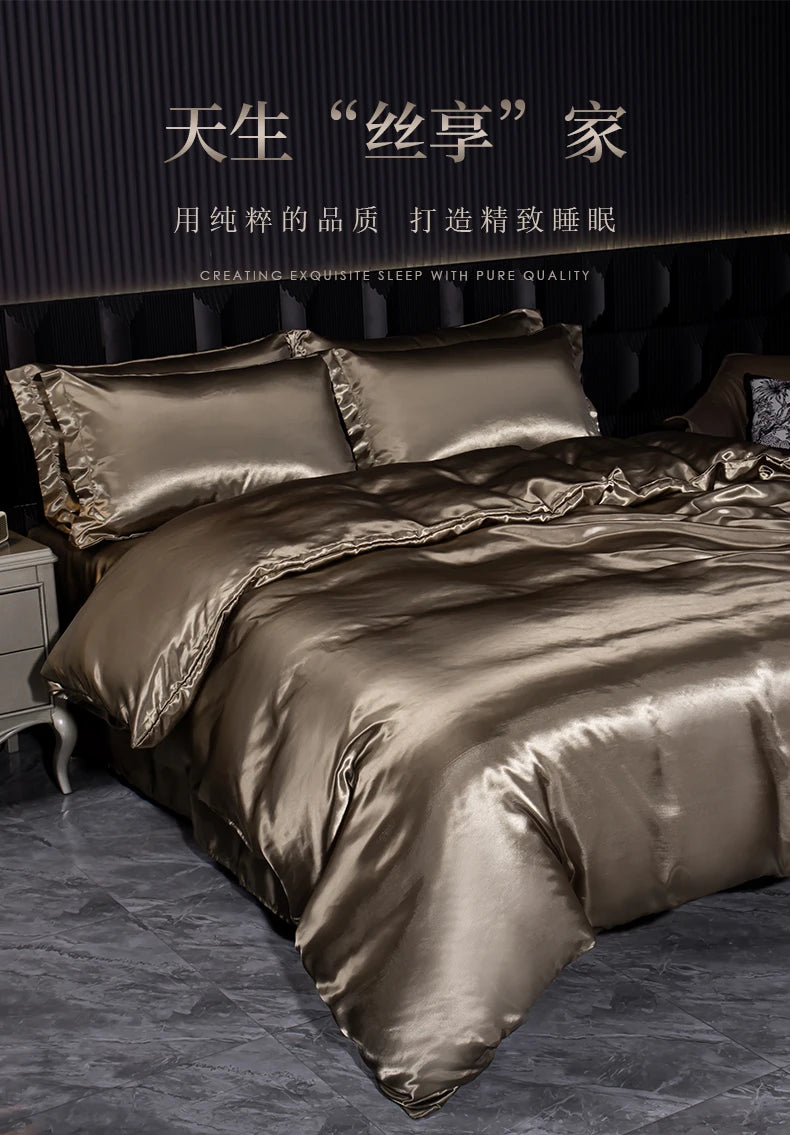 Solid Silk Bedding Set with Duvet Cover Bed Sheet Pillowcases Luxury Satin Single Double Bedsheet King Queen Twin Size