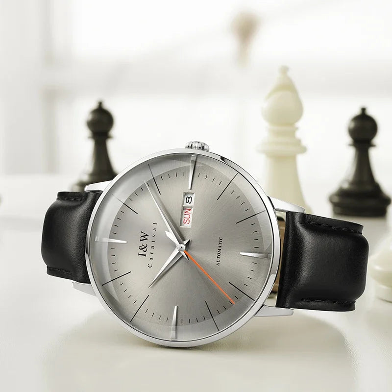 Japan MIYOTA Automatic Watch 3D Curved Sapphire Mechanical Wristwatches Waterproof Leather Strap Double Calendar Watches for Men