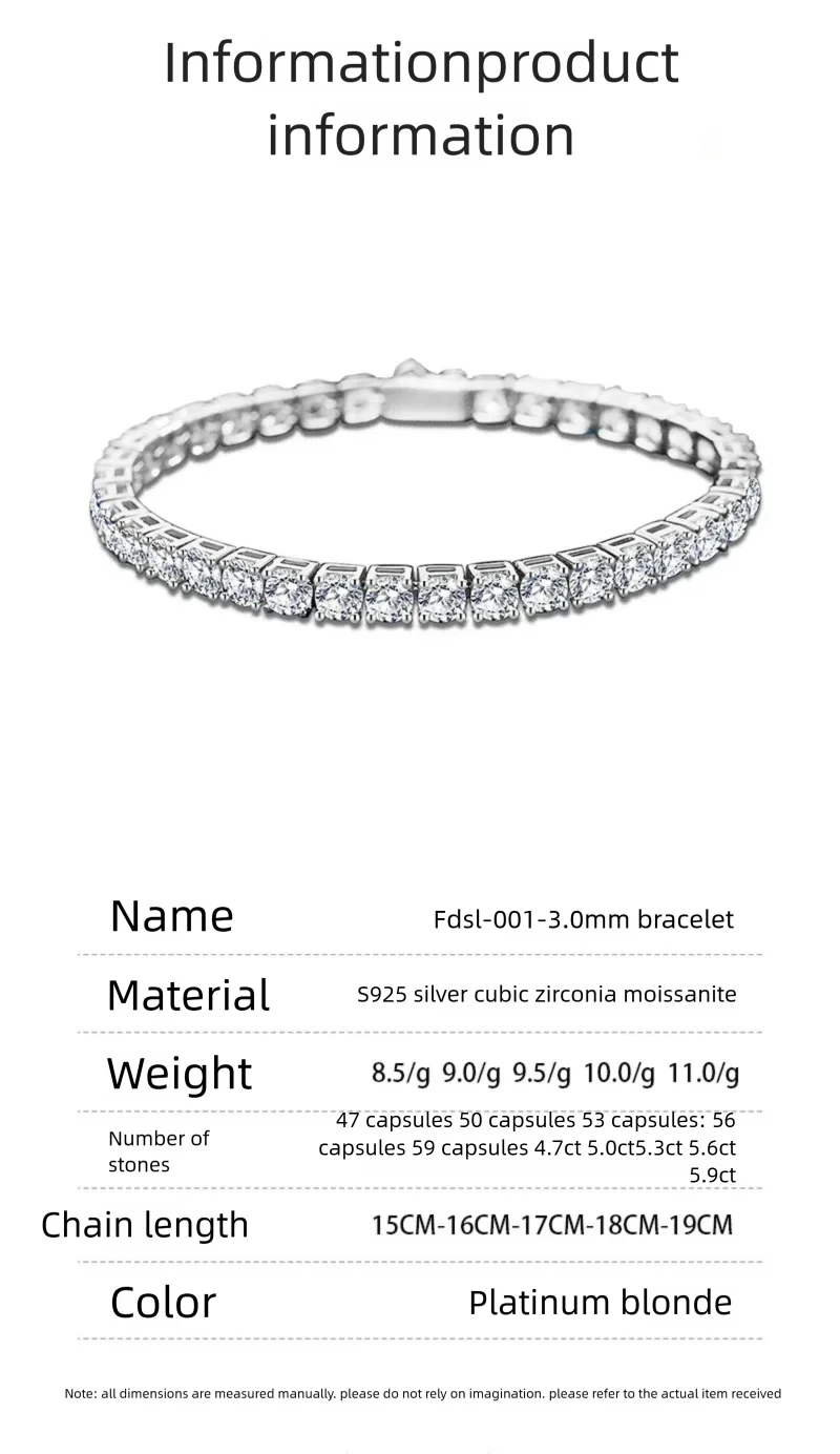 2.5/3/4/5mm Moissanite Tennis Bracelet 925 Sterling Silver Plated White Gold Bracelet for Women Man Sparkling Party Jewelry