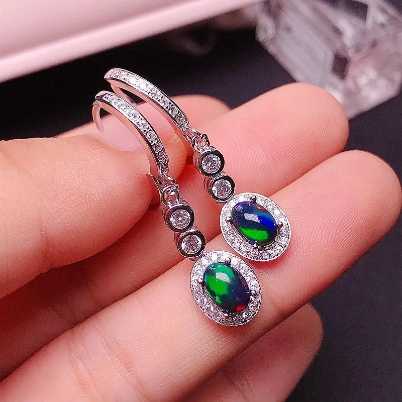 MeiBaPJ 5*7 Natural Black Opal Gemstone England Ear Drop Earrings for Women Real 925 Sterling Silver Charm Fine Wedding Jewelry