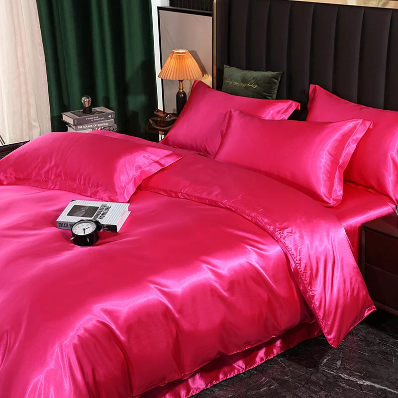 Silk Bedding Set with Duvet Cover Fitted/Flat Bed Sheet Pillowcase Luxury Satin Bedsheet Solid Color King Queen Twin Size