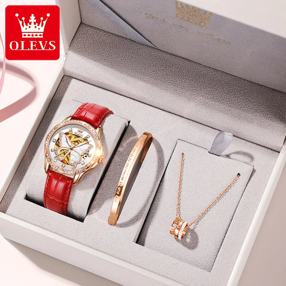 OLEVS 6622 Luxury Women All Automatic Mechanical Watch HD Waterproof Elegant Butterfly Diamond Women Fashion Bracelet Set Watch