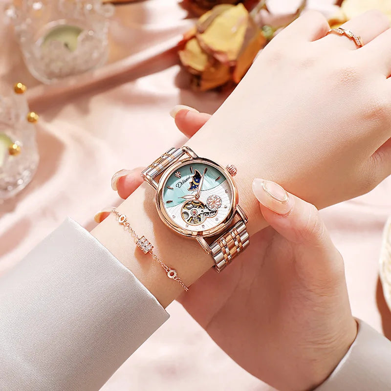 Lady Automatic Mechanical Watches Rotatable Flowers Female Watch Women Brand Luxury Fashion Moon Phase Waterproof Luminous Clock
