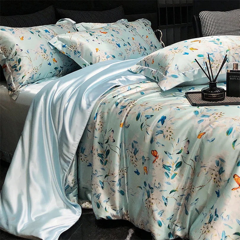Floral Silk Bedding Set with Duvet Cover Bed Sheet Pillowcase Luxury Couple Single Double King Queen Soft Bedsheet Nordic Smooth
