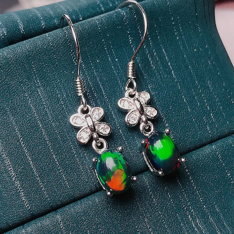 MeiBaPJ 5*7 Natural Black Opal Gemstone England Ear Drop Earrings for Women Real 925 Sterling Silver Charm Fine Wedding Jewelry