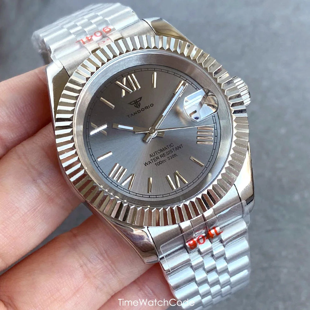 Montre automatique de luxe Tandorio Business pour homme, mouvement NH35A, cadran classique à chiffres romains, lunette cannelée, verre saphir, 36/39 mm