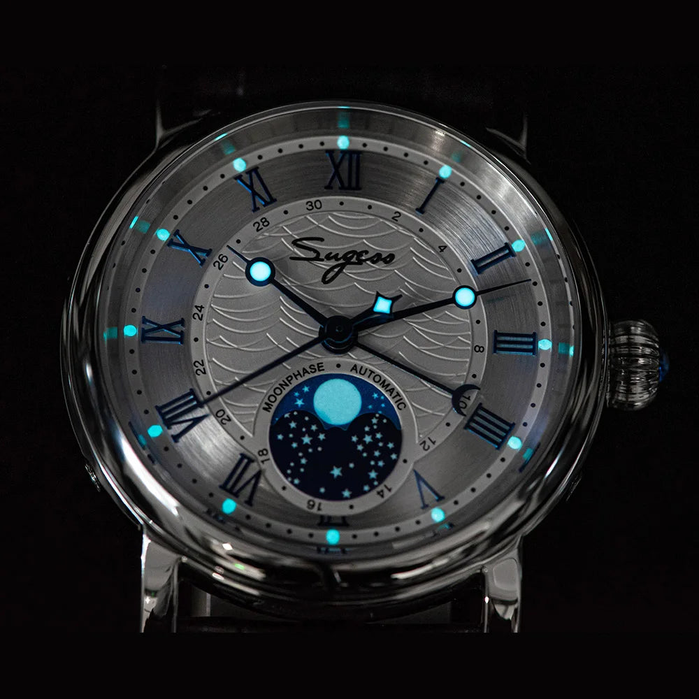 Sugess Watches for Men Automatic Mechanical Watch Moonphase Tianjin ST2108 Waterproof Date Hands Sapphire Crystal Rome Wave Dial