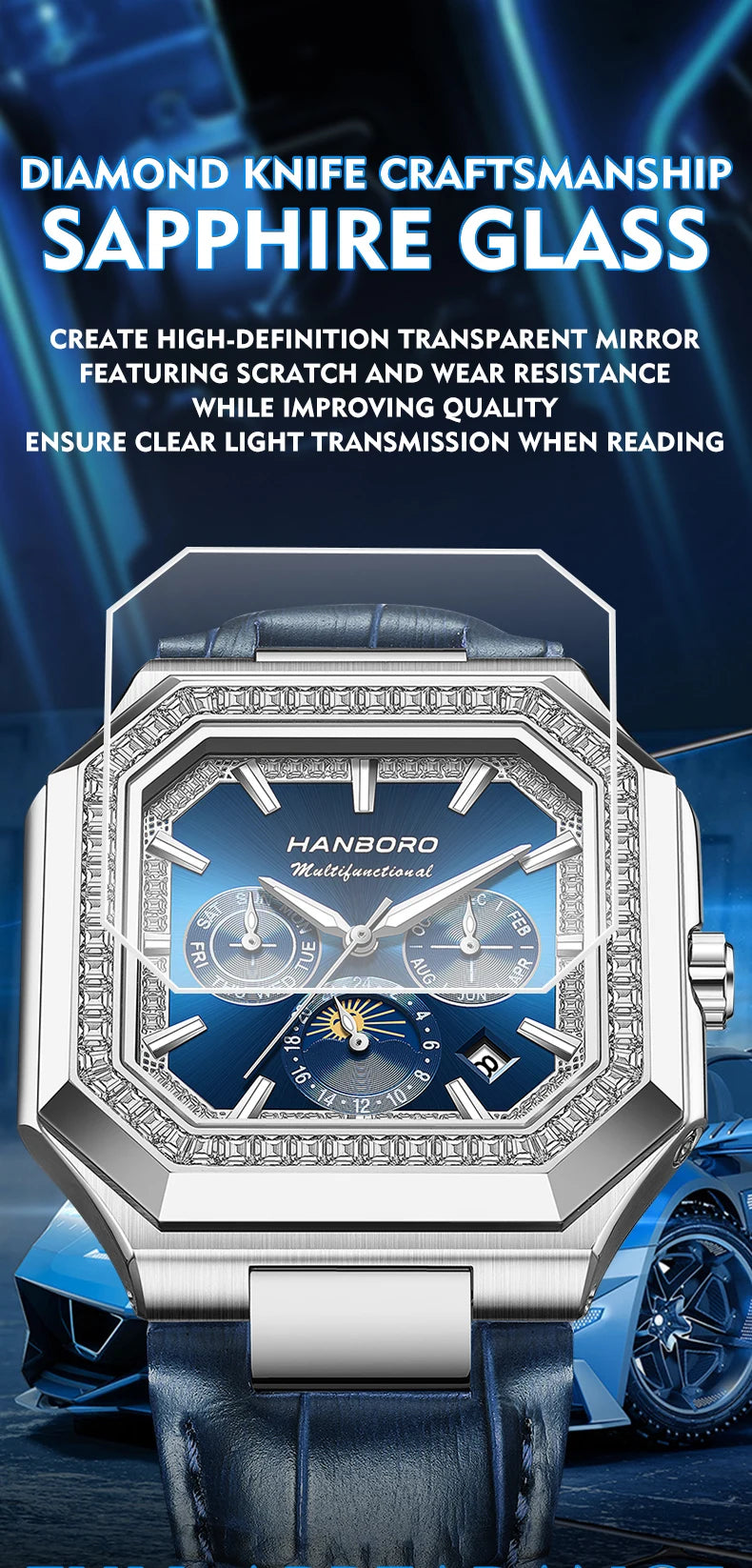 HANBORO Square Men's Fully Automatic Mechanical Watch Multi functional Fashion Trend Watch