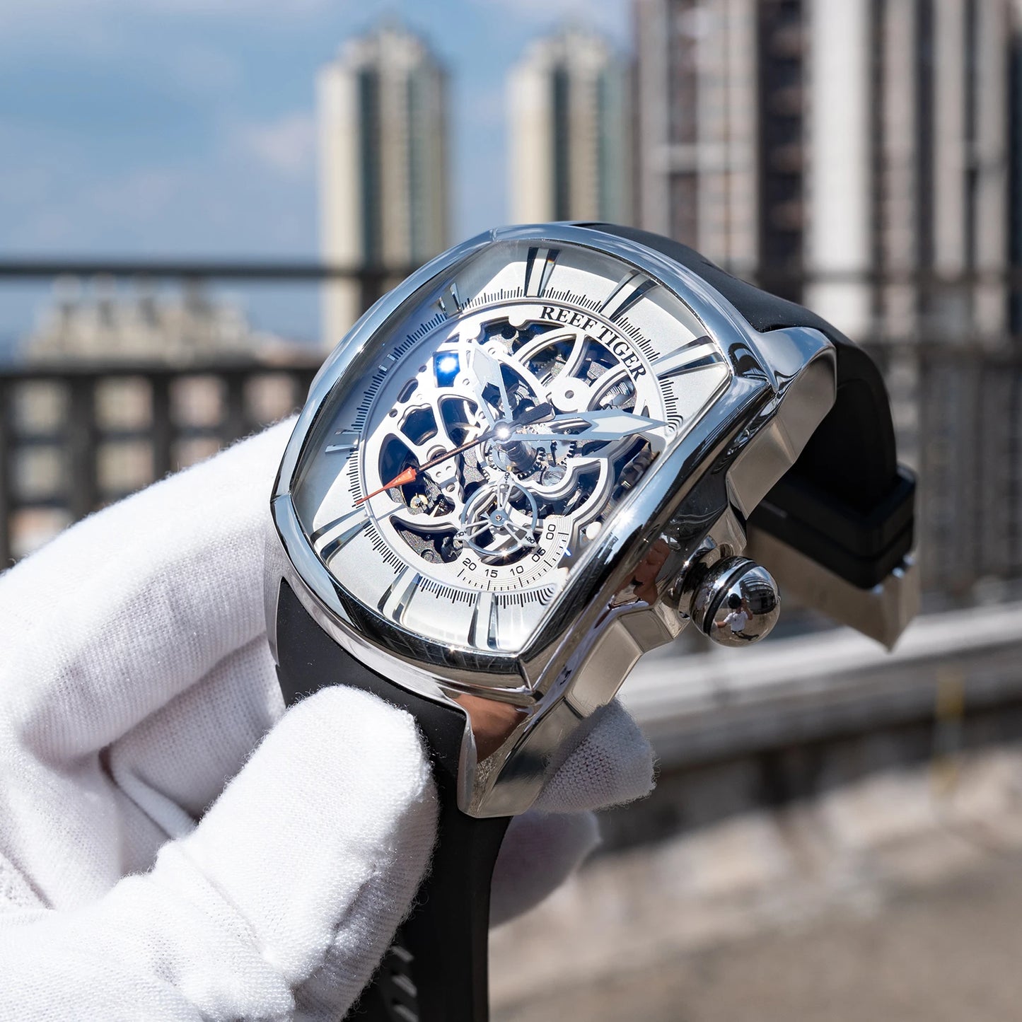 Reef Tiger Men's 316L Stainless Steel Skeleton Automatic Watch Wine Barrel Hollow Waterproof Mechanical Sport Watches RGA3069-S