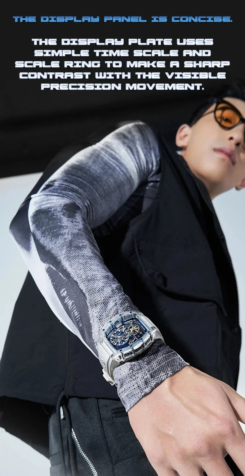 BONEST GATTI 2025 New Men Automatic Watch Tonneau Mechanical Wristwatch Acylic Case Sapphire Lume Hollow Out Dial Fluororubber