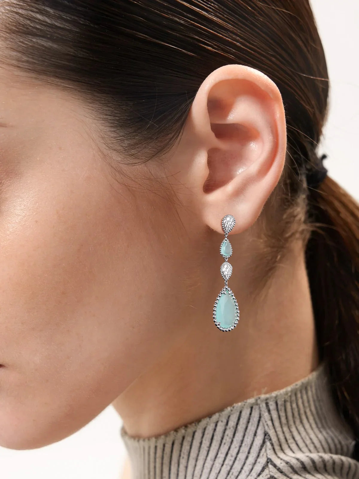 APIR Bohemian Blue Green Chalcedony Water Drop Woman's Earrings 18K White Gold Plated   Dance Party Wedding Luxury Long earrings