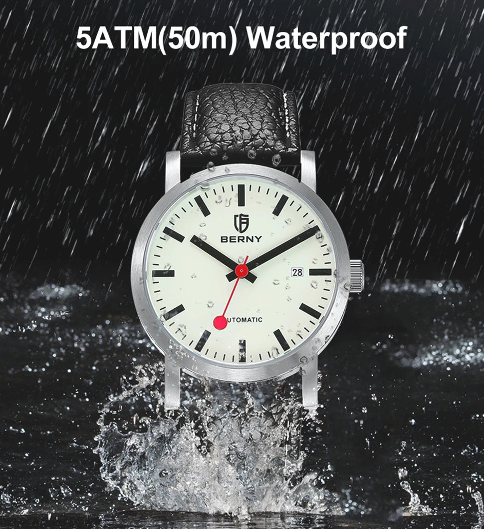 BERNY Watch for Men Automatic Self-Wind Luxury Watch Sappire MIYOTA 8215 Top Luminous 5ATM Mechanical Railroad Wristwatch