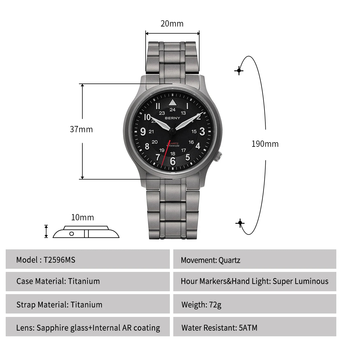 BERNY Full Titanium Watches for Men Outdoor Quartz Men's Field Pilot Wristwatch VH31 Super Luminous Sapphire Easy Read Watch