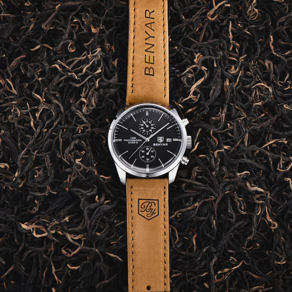 BENYAR Men Quartz Wristwatches Luxury Brand Chronograph Leather Sports Watch For Men Military 100M Waterproof Reloj Hombre 2023