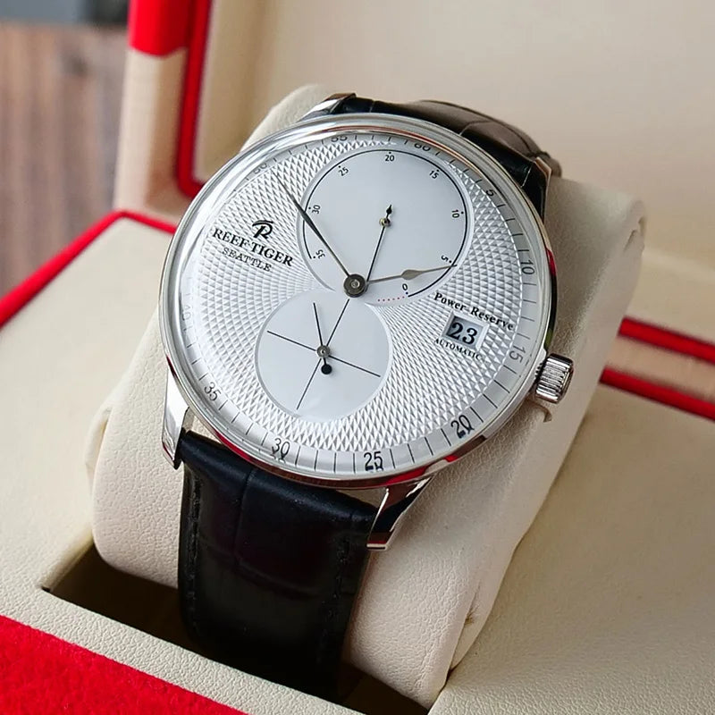 Reef-Tiger /RT Men Luxury Watch Rose Gold Mechanical Watch Brown Leather Strap Analog Watches Relogio Masculino RGA82B0