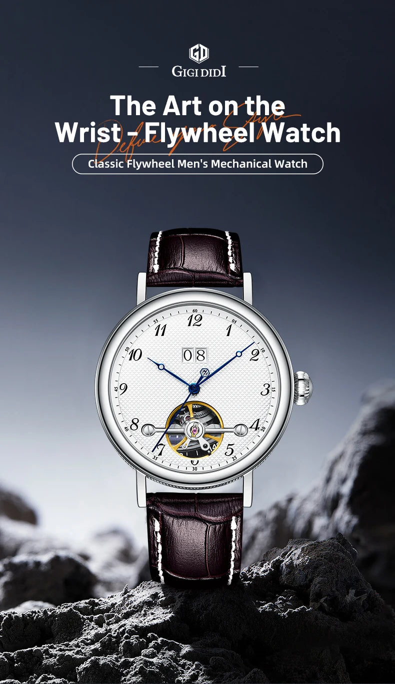 Montre homme haut de gamme Flywheel, montre de luxe à cadran Clous de Paris, étanche à 5 bars, mouvement mécanique automatique Seagull.