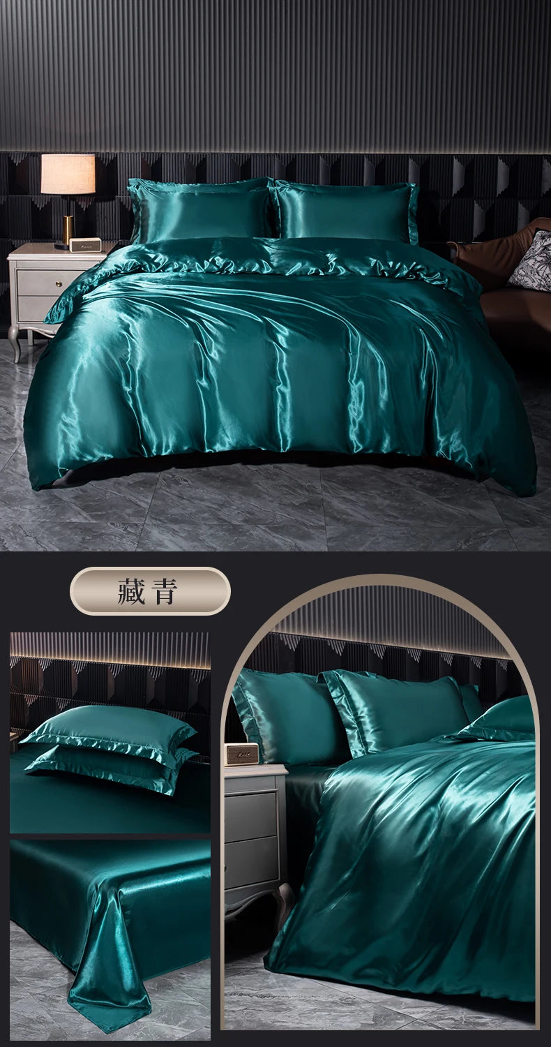 Solid Silk Bedding Set with Duvet Cover Bed Sheet Pillowcases Luxury Satin Single Double Bedsheet King Queen Twin Size