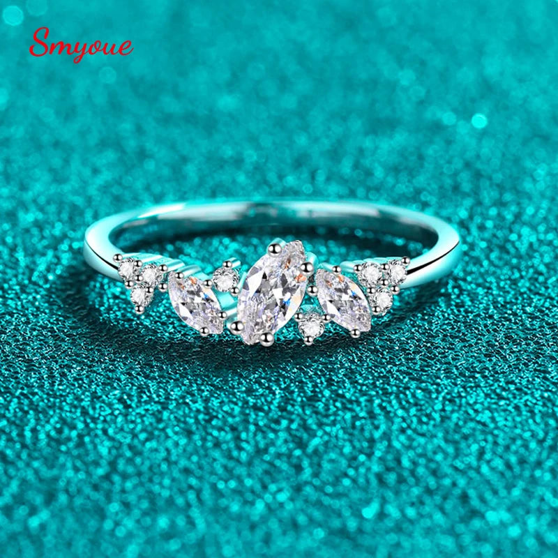 Smyoue 0.58cttw Marquise Cut Weeding Moissanite Rings for Women Double Halo High Quality 925 Sterling Silver Half Eternity Band