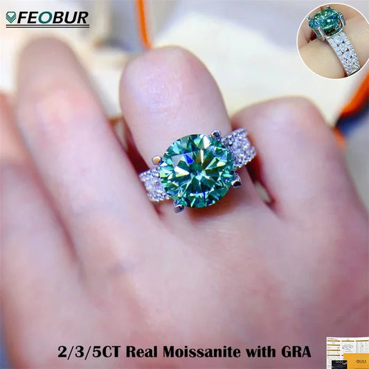 FEOBUR 2/3/5CT Green Moissanite Rings for Women Certified 925 Sterling Silver Lab Diamond Engagement Ring Wedding Jewelry GRA