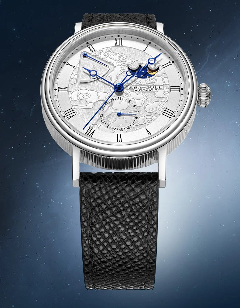 Seagull Moon Phase Watch Auspicious Clouds Special Edition Men's Automatic Mechanical Watch Luxury 41mm Watch for Men 6199 6198